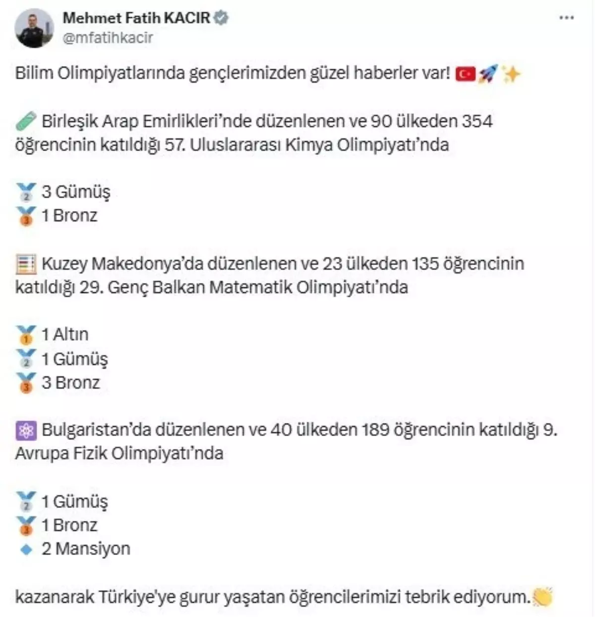 Bakan Kacır, Bilim Olimpiyatlarında Başarı Elde Eden Öğrencileri Tebrik Etti