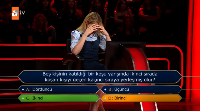 Beş kişinin katıldığı bir koşu yarışında ikinci sırada koşan kişiyi geçen kaçıncı sıraya yerleşmiş