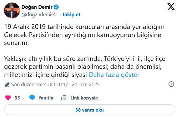 Doğan Demir Gelecek Partisi'nden istifa mı etti, neden? - SON DAKİKA