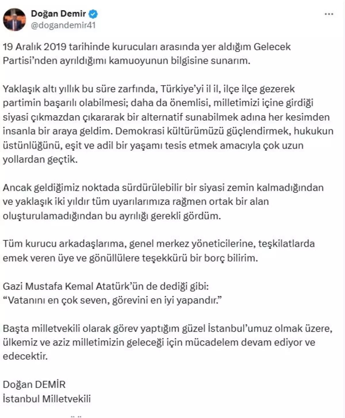 Gelecek Partisi'nden İstifa Eden İstanbul Milletvekili Doğan Demir Açıklama Yaptı