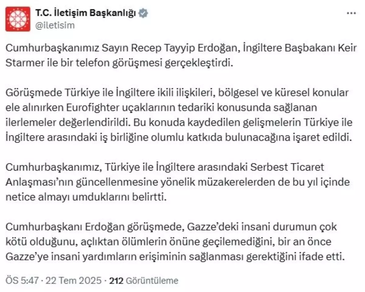 Cumhurbaşkanı Erdoğan, İngiltere Başbakanı Starmer ile telefon görüşmesi yaptı