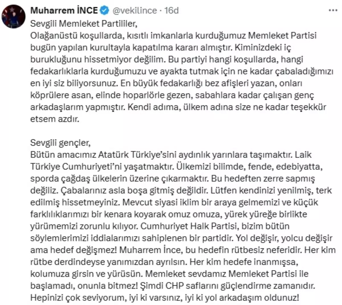 Memleket Partisi Kapatıldı, Muharrem İnce CHP'ye Geçişi Duyurdu