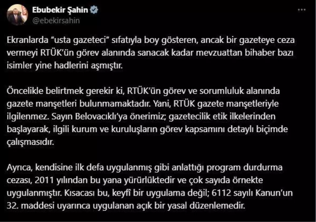 RTÜK Başkanı'ndan Gazete Manşetlerine Yanıt