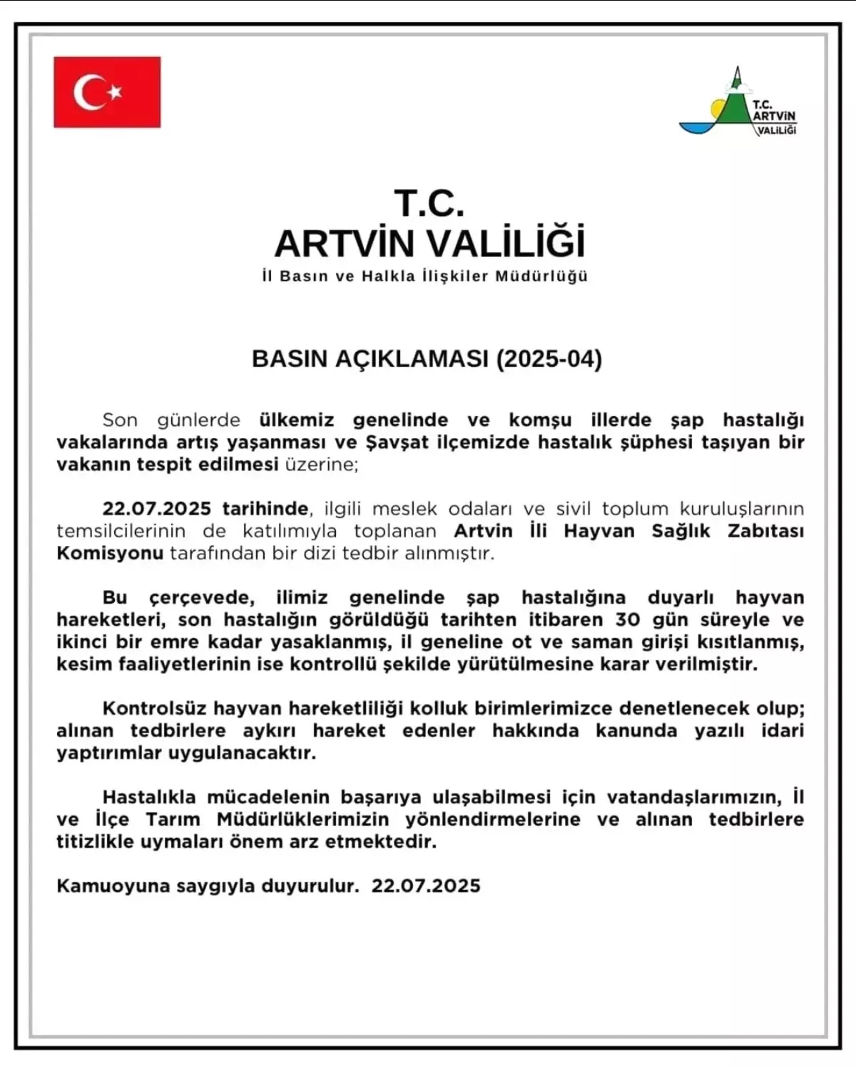 Artvin'de Şap Hastalığına Karşı Yeni Tedbirler