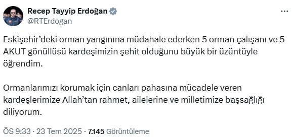 Condolence message from President Erdoğan for the 10 forest martyrs