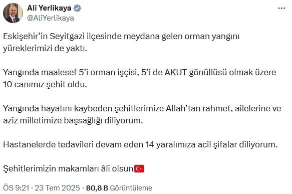 Condolence message from President Erdoğan for the 10 forest martyrs