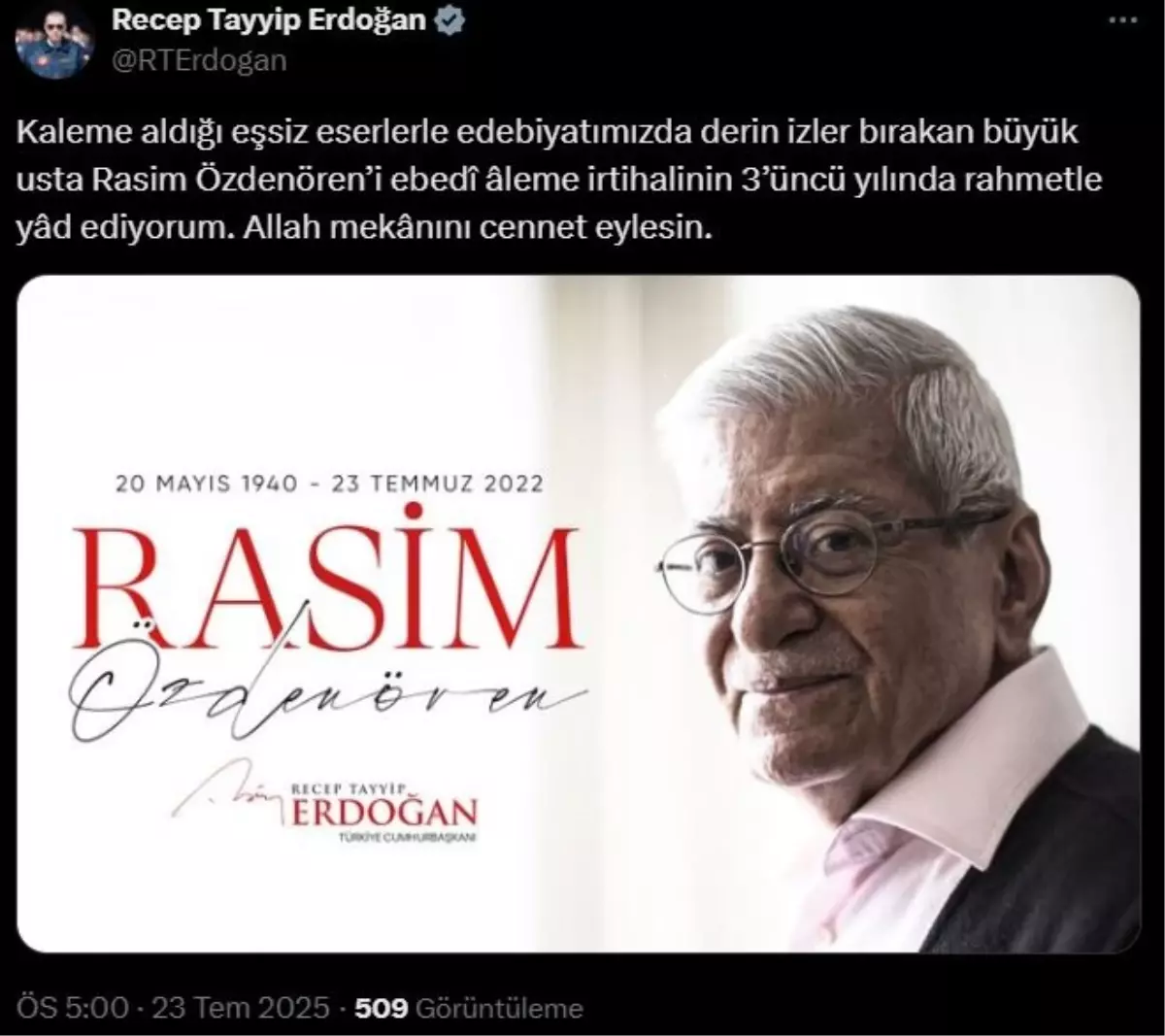 Cumhurbaşkanı Erdoğan, Rasim Özdenören'i Ölüm Yıl Dönümünde Andı