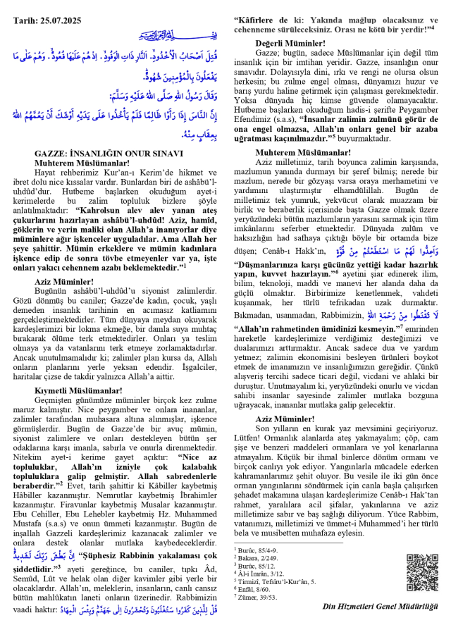 25 Temmuz Cuma Hutbesi yayınlandı mı? 25 Temmuz Cuma Hutbesi tam metni!