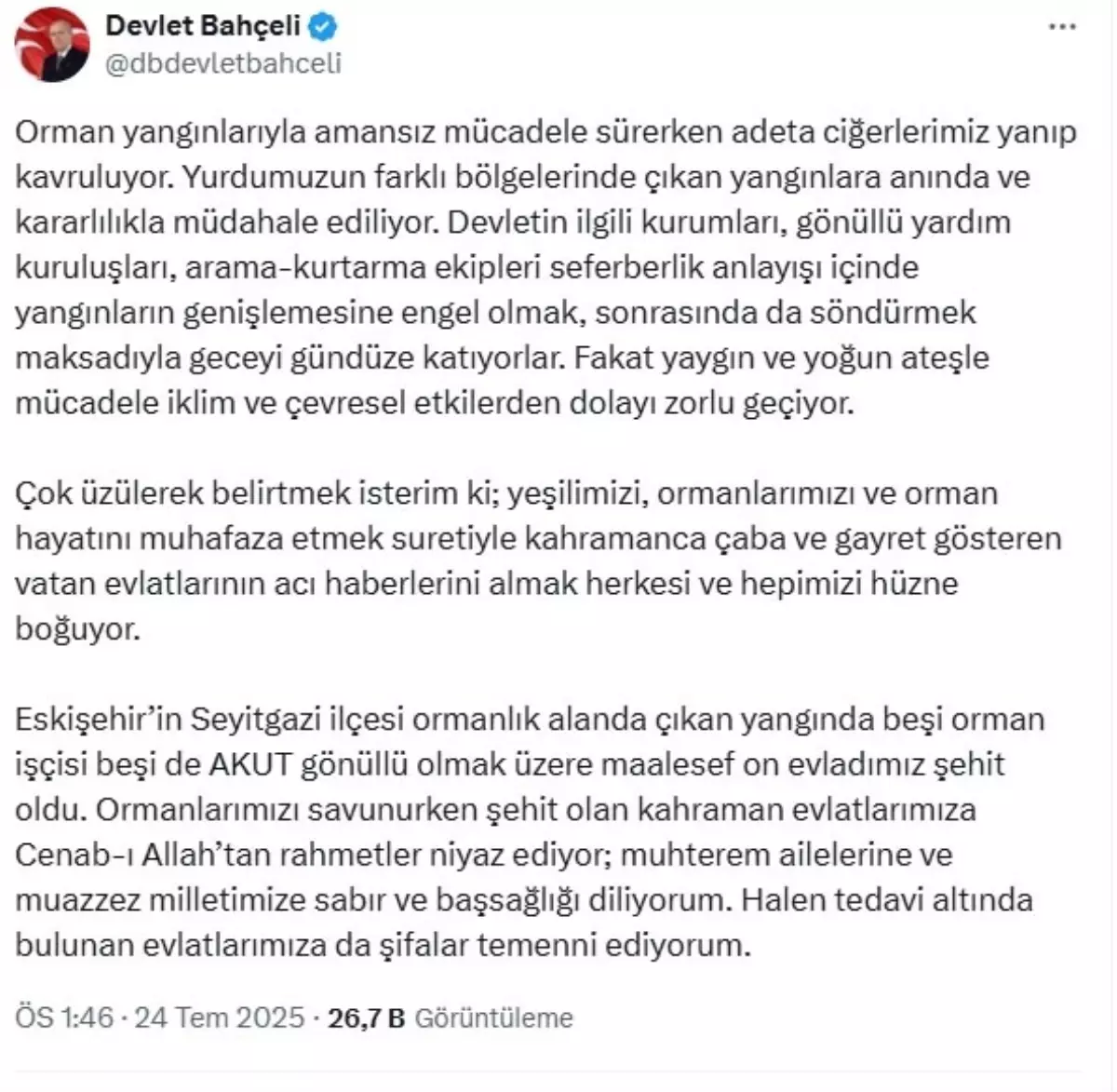 Devlet Bahçeli'den Orman Yangınları Açıklaması: 'Çok Üzülerek Belirtmek İsterim'