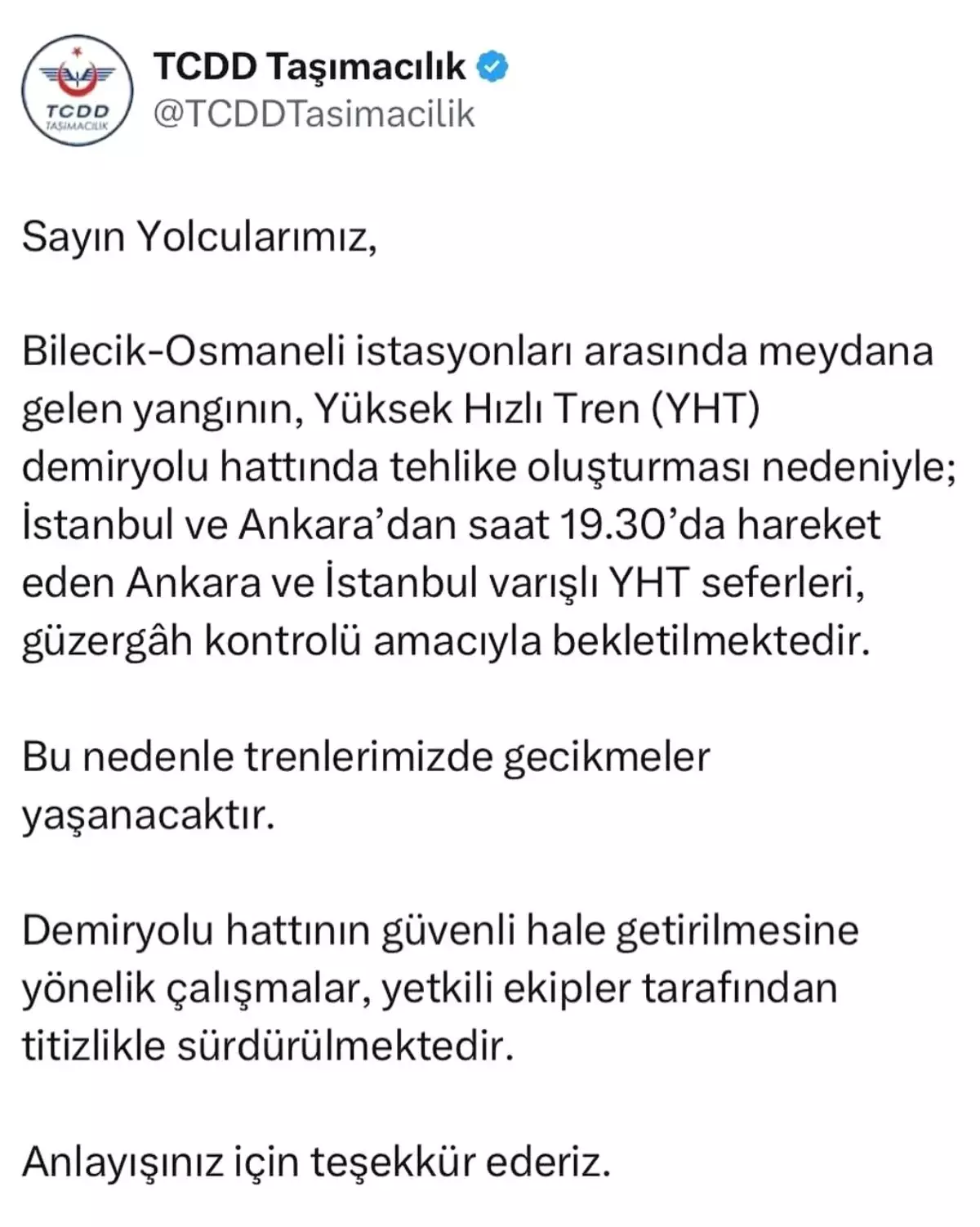 Osmaneli'ndeki Orman Yangını, Hızlı Tren Seferlerini Aksattı