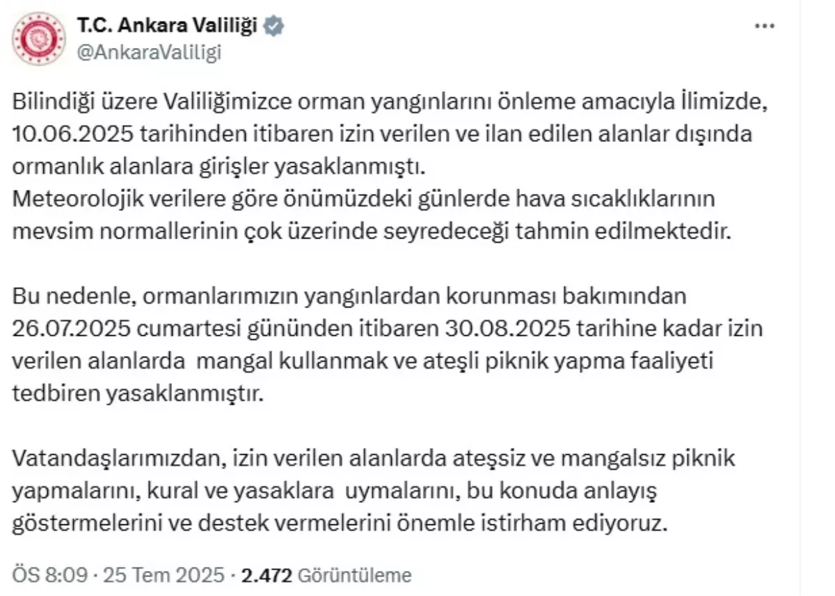 Ankara'da Orman Yangınlarını Önlemek İçin Piknikler Yasaklandı