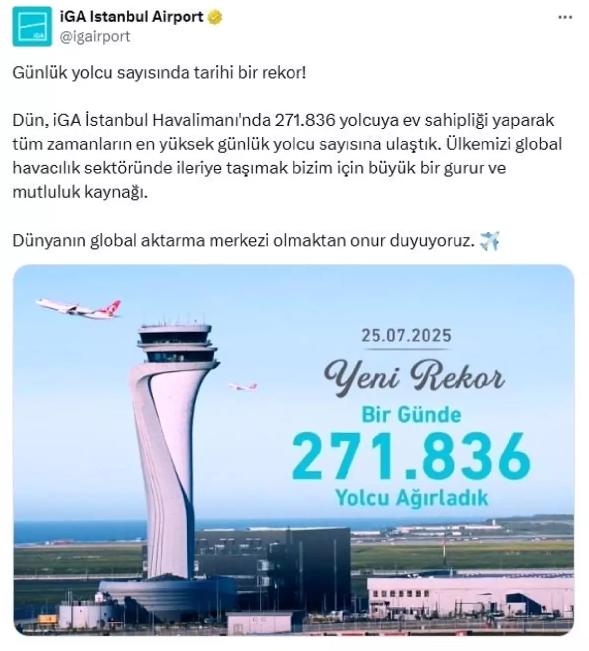 İstanbul Havalimanı'nda Günlük Yolcu Trafiğinde Rekor
