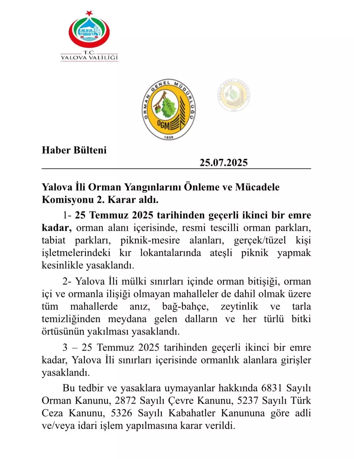 Yalova'da Ormanlara Girişler Yasaklandı