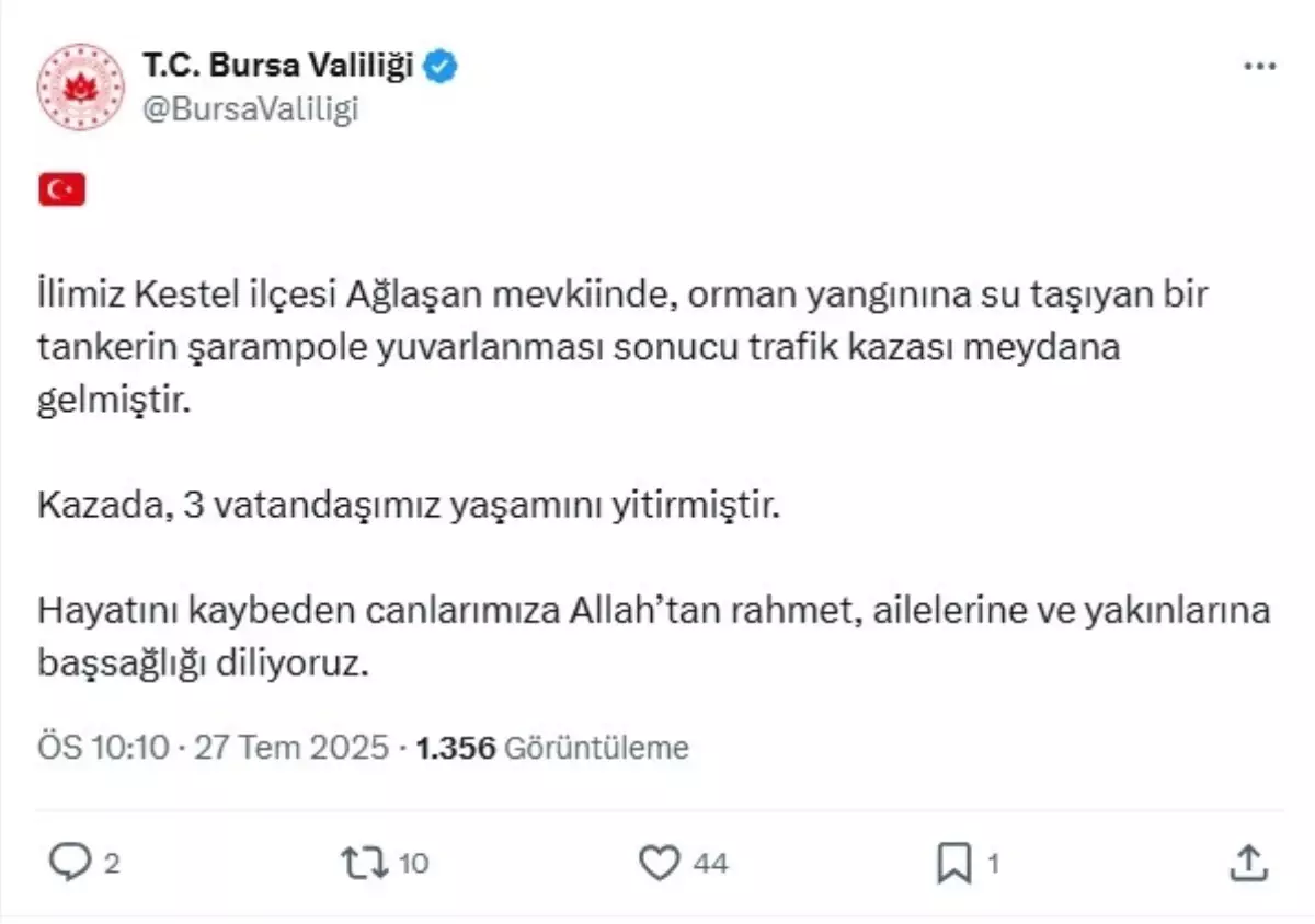 Bursa'da Orman Yangınına Su Taşırken Kaza: 3 Kişi Hayatını Kaybetti