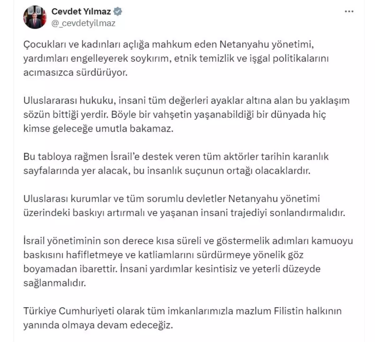 Cevdet Yılmaz: İsrail'in Gazze'deki Yardım Engellemeleri İnsanlık Suçudur