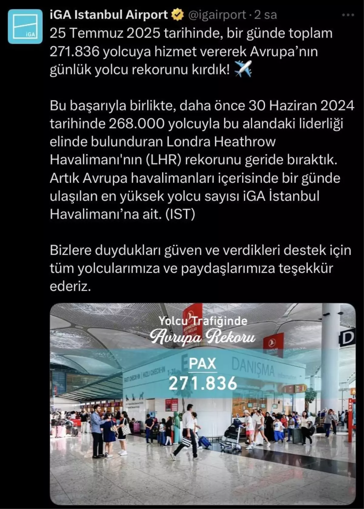 İstanbul Havalimanı 268 bin yolcuyla Londra Heathrow Havalimanı'nı geride bıraktı