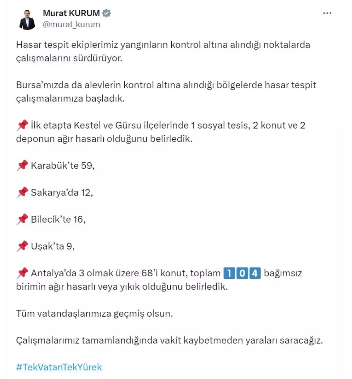 Yangın Bölgelerinde Hasar Tespit Çalışmaları Tamamlandı