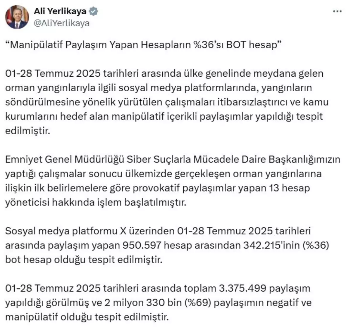 Siber Suçlarla Mücadele: Orman Yangınlarına Provokatif Paylaşımlar Yapan 13 Hesap Yöneticisi Hakkında İşlem Başlatıldı