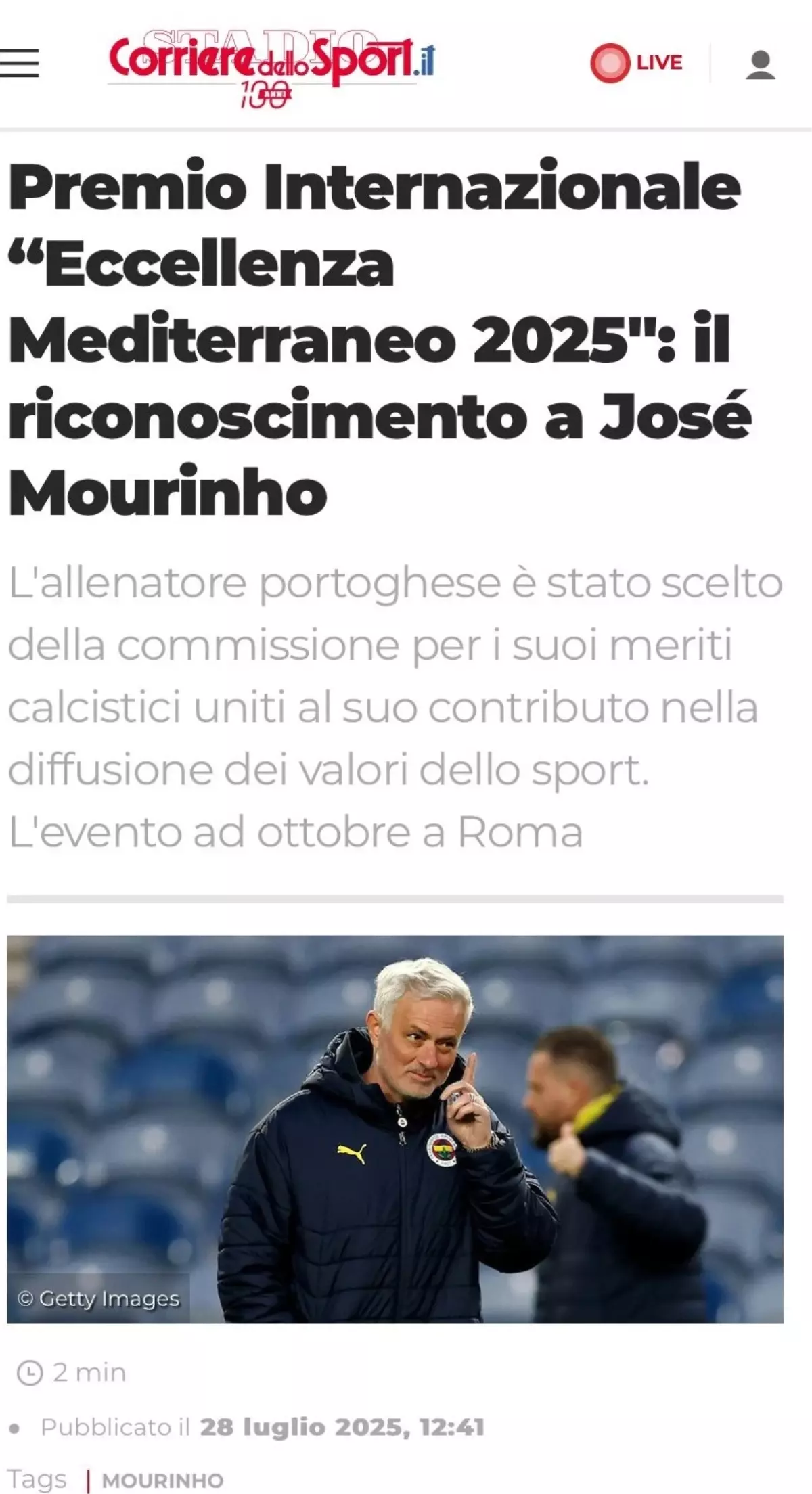 Jose Mourinho, Roma'da Akdeniz Mükemmellik Ödülü'ne Layık Görüldü