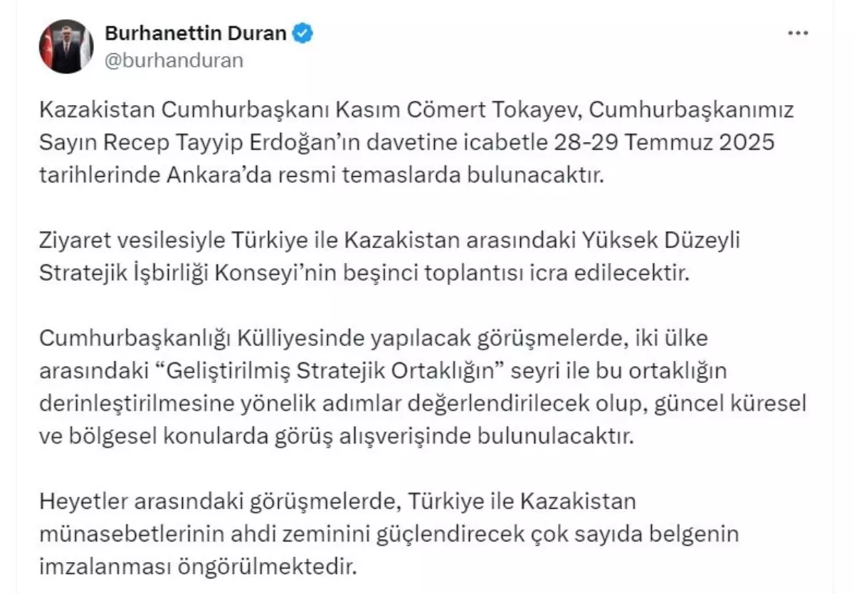 Kazakistan Cumhurbaşkanı Tokayev, Türkiye'yi Ziyaret Edecek