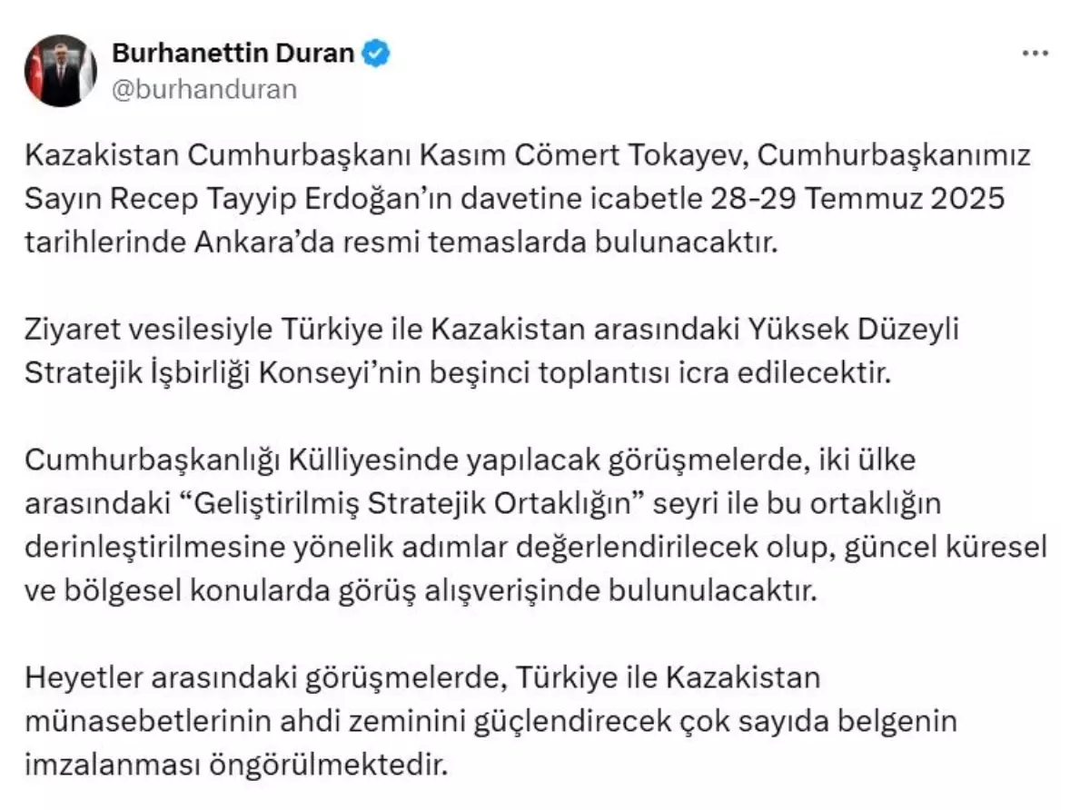 Tokayev, Türkiye'ye Resmi Ziyaret Gerçekleştirecek