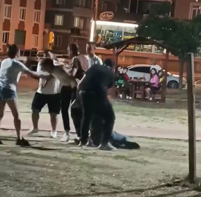 Parkta birbirlerine tekme ve yumruklarla saldırdılar