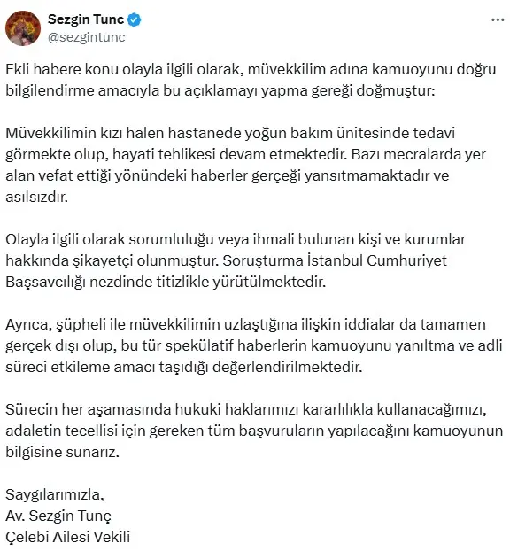Göksu Çelebi's family: Our daughter is not dead, her treatment in intensive care continues