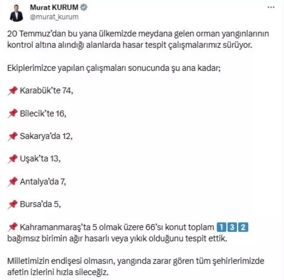 Bakan Kurum, Orman Yangınlarından Etkilenen Bölgelerde Hasar Tespiti Açıkladı