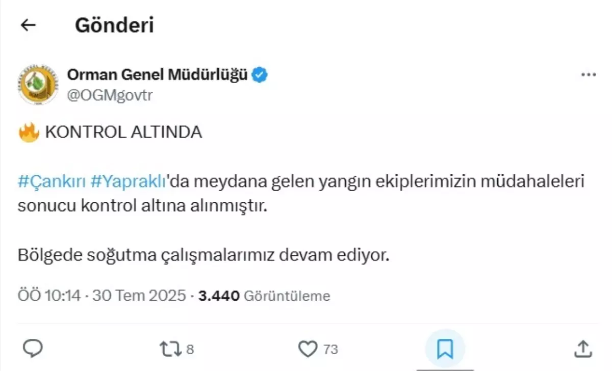 Çankırı'da Orman Yangını Kontrol Altına Alındı
