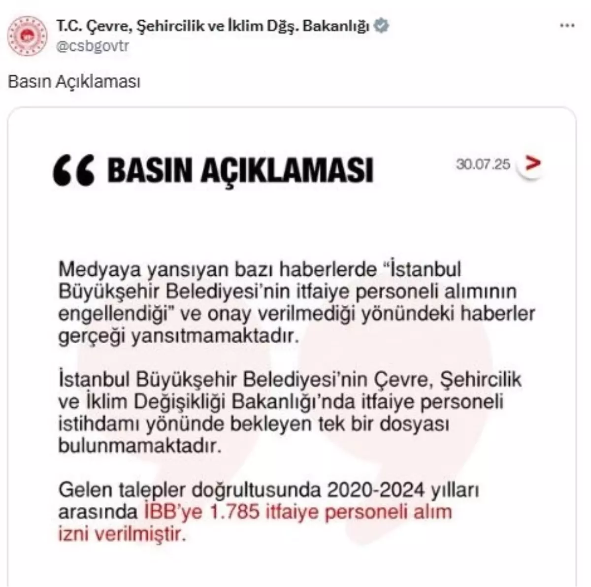 Çevre Bakanlığı'ndan İBB İtfaiye Personeli Alımına Dair Açıklama