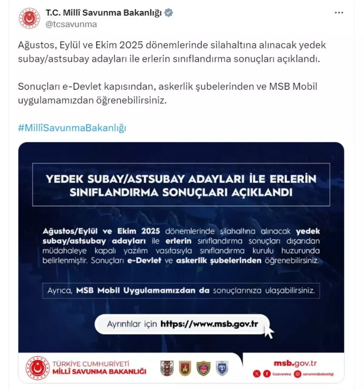2025 Yılı Yedek Subay ve Erlerin Sınıflandırma Sonuçları Açıklandı