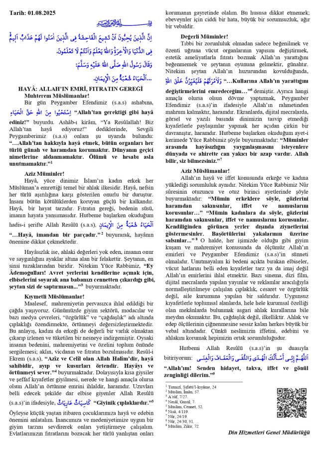 1 Ağustos Cuma Hutbesi yayınlandı mı? 1 Ağustos Cuma Hutbesi tam metni!
