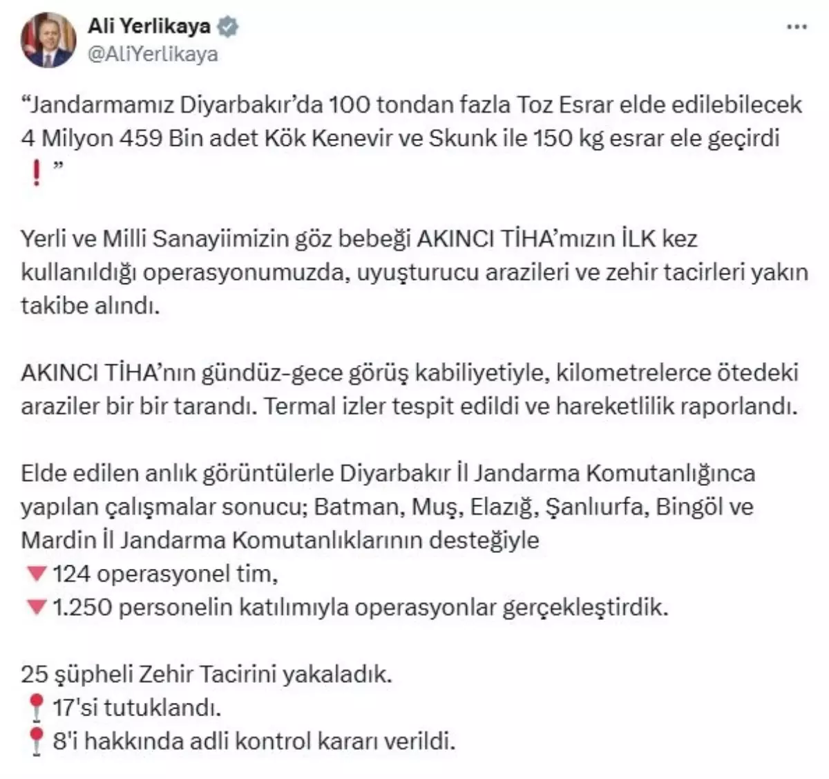 Diyarbakır'da TİHA ile Uyuşturucu Operasyonu: 4.5 Milyon Kök Kenevir Ele Geçirildi