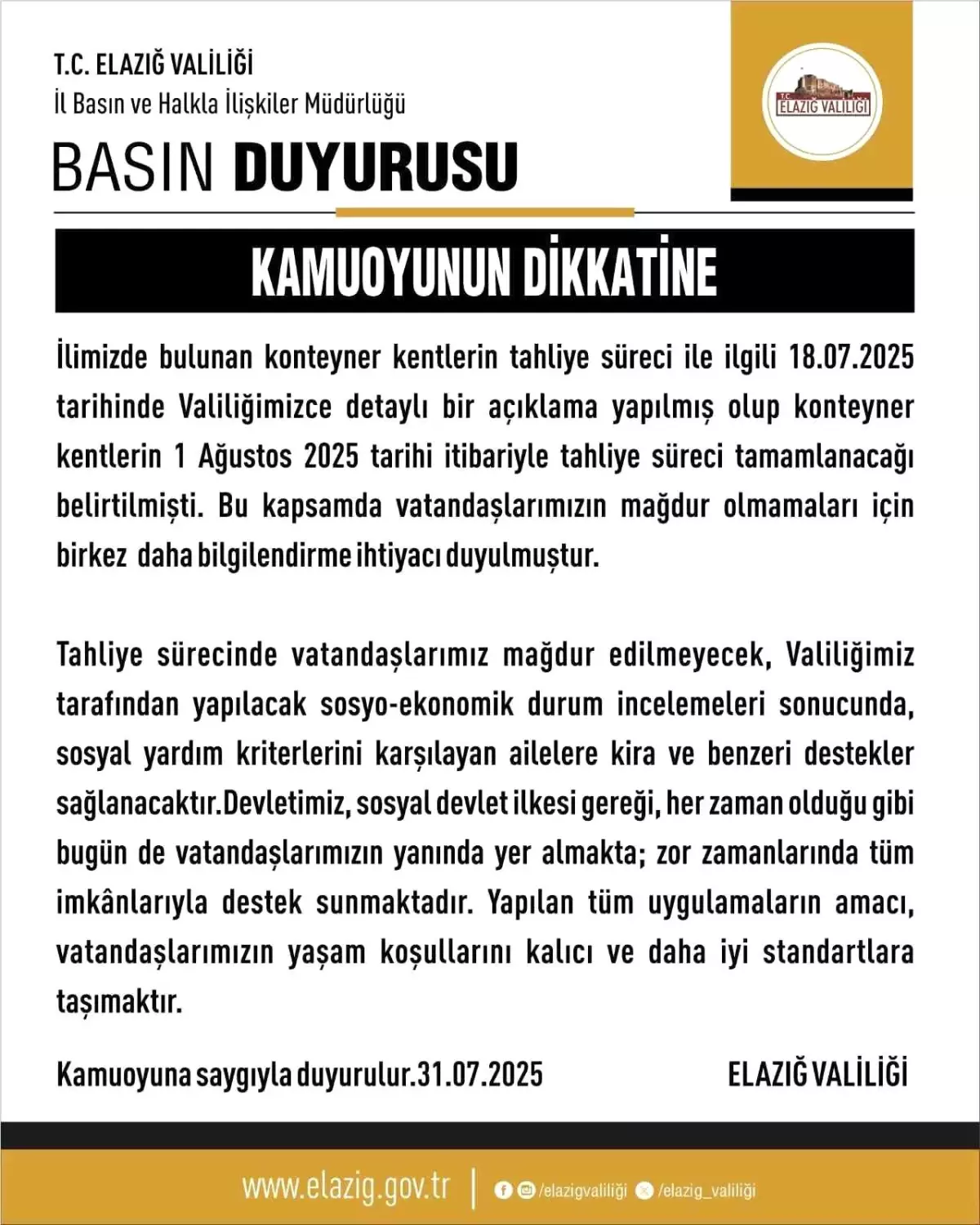 Elazığ'da Konteyner Kentler 1 Ağustos'ta Tahliye Edilecek