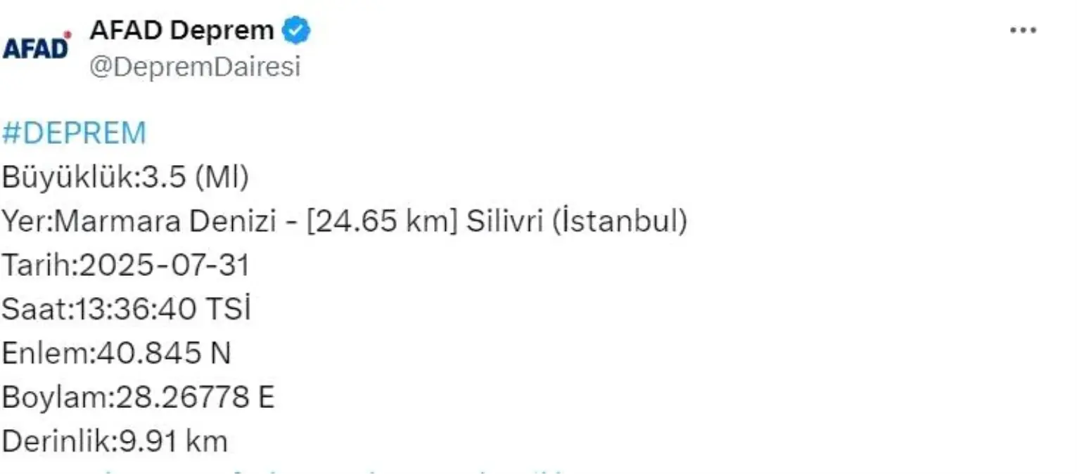 İstanbul Silivri Açıklarında 3.5 Büyüklüğünde Deprem