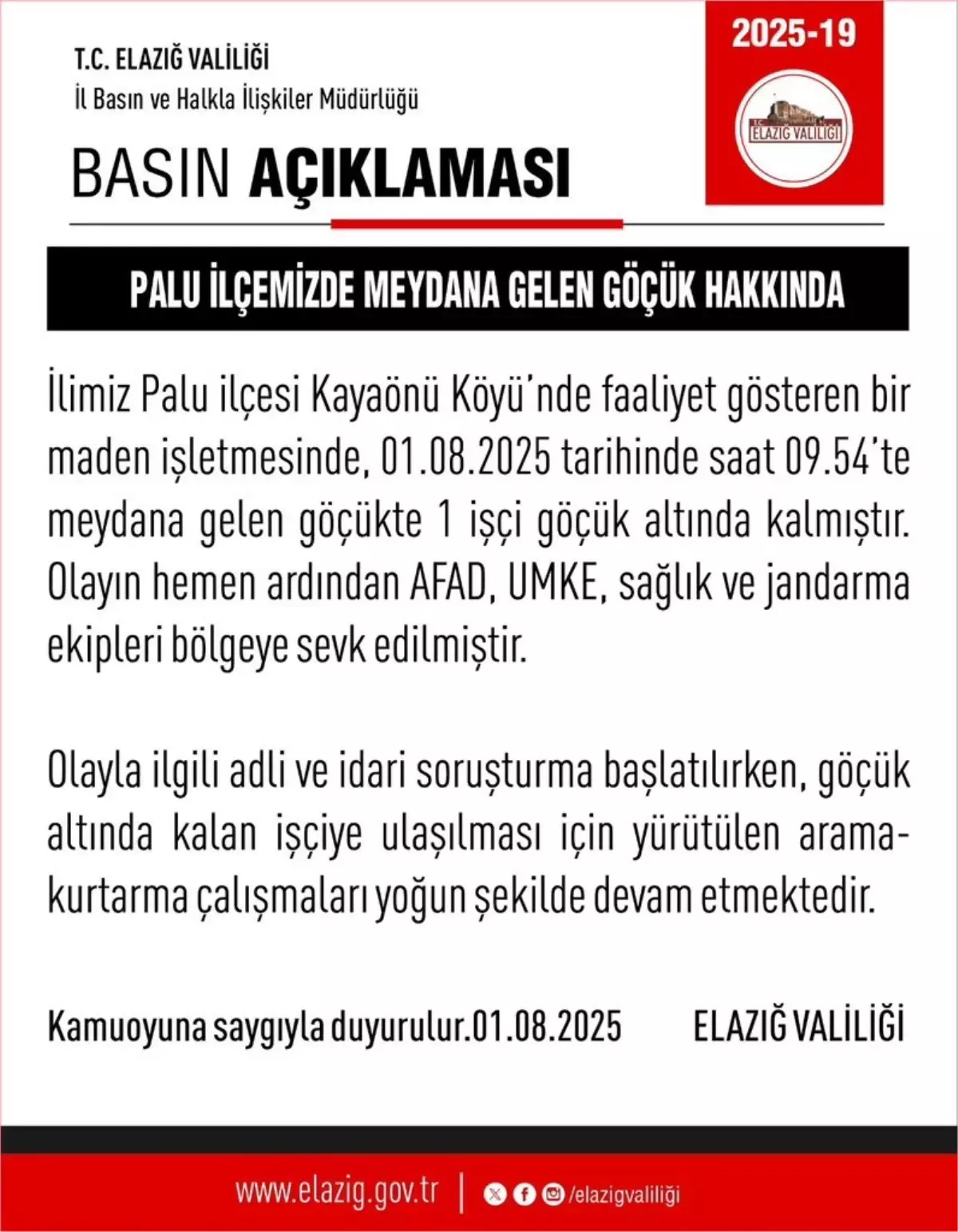 Elazığ'da Maden Ocağında Göçük: Arama-Kurtarma Çalışmaları Devam Ediyor