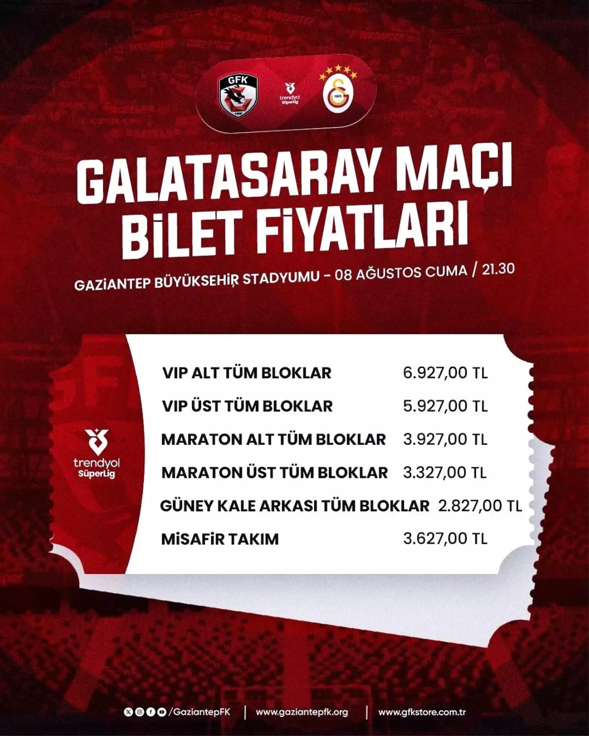 Gaziantep Futbol Kulübü, Galatasaray Maçının Biletlerini Satışa Çıkartıyor