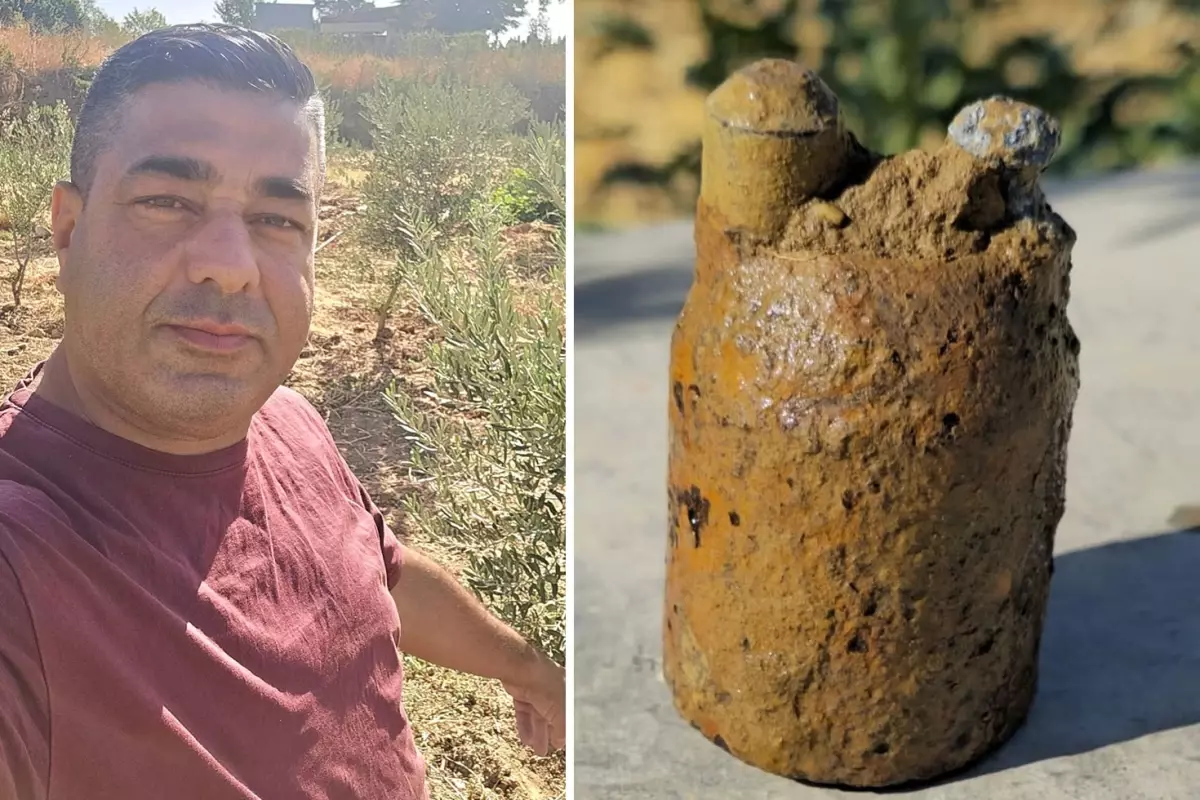 Zeytin bahçesini sularken bulduğu cisim asırlık top mermisi çıktı