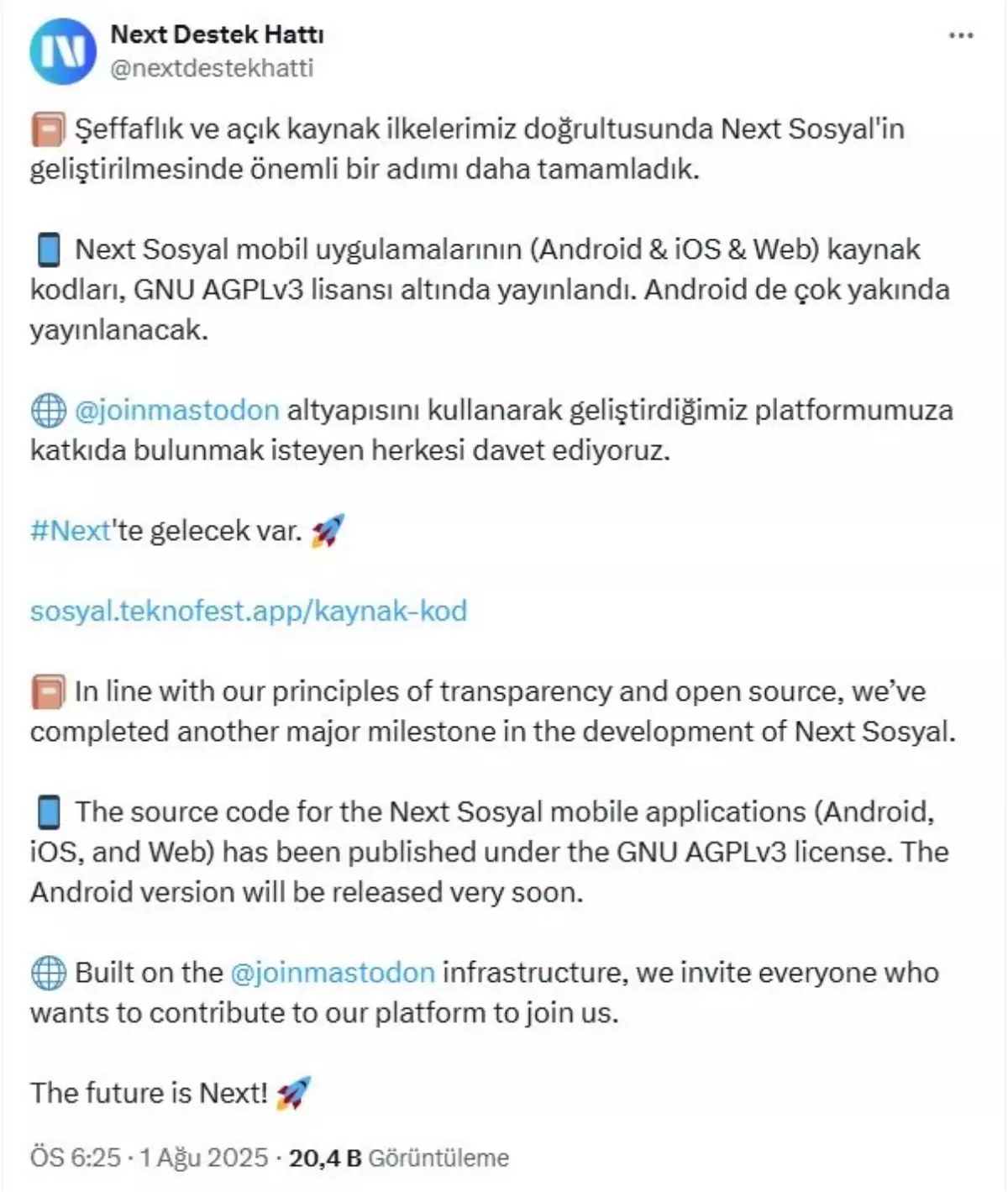 NEXT Sosyal Uygulamaları Açık Kaynağa Dönüştü