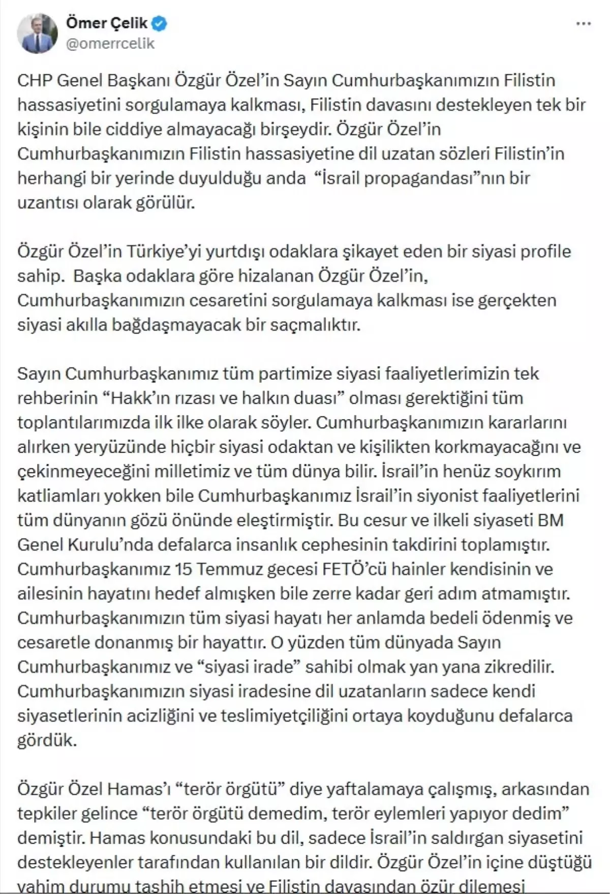 Ömer Çelik: Özgür Özel'in Filistin İle İlgili Açıklamaları İleri Görüşsüzlük