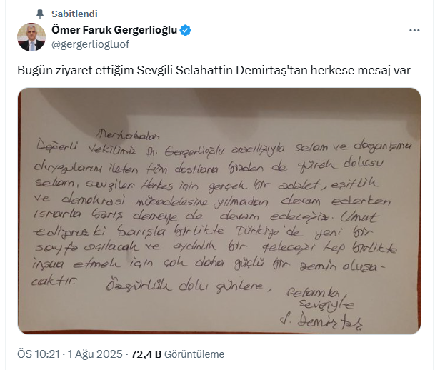 Terörsüz Türkiye sürecinin sessiz ismi Demirtaş'dan açıklama