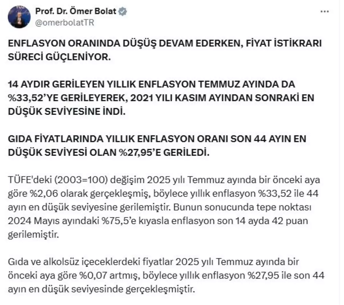 Ticaret Bakanı Bolat: Enflasyon Düşüşü Devam Ediyor