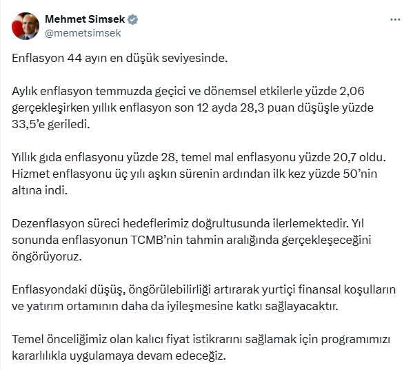 Bakan Şimşek'ten enflasyon açıklaması: 44 ayın en düşük seviyesi Bakan Şimşek'ten enflasyon açıklaması: 44 ayın en düşük seviyesi
