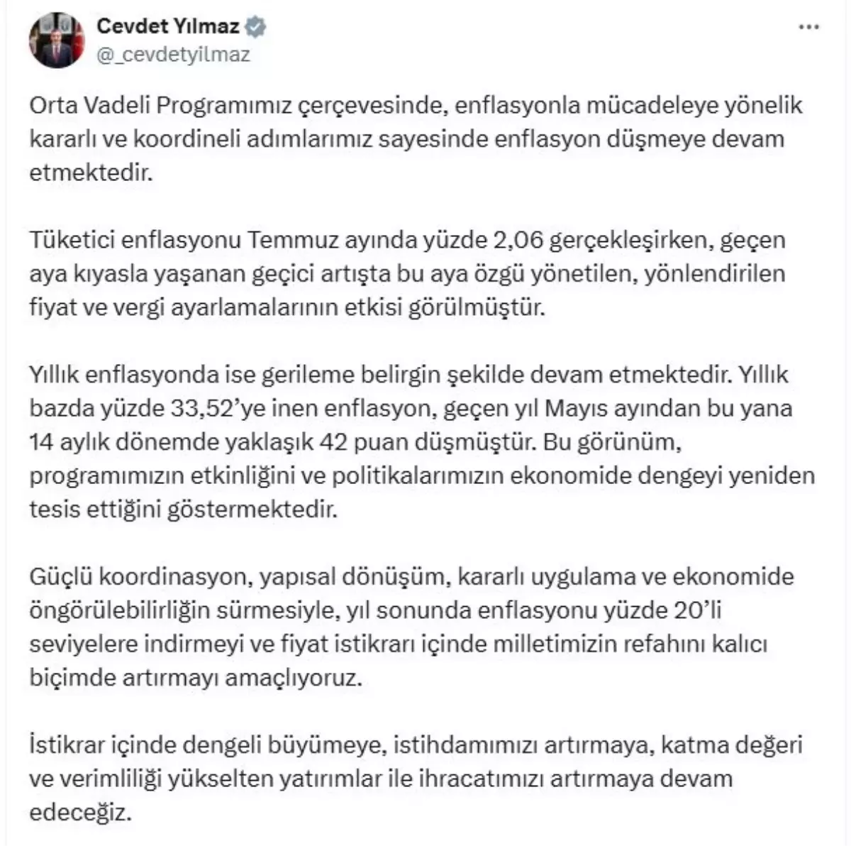 Cevdet Yılmaz: Enflasyon Düşmeye Devam Ediyor