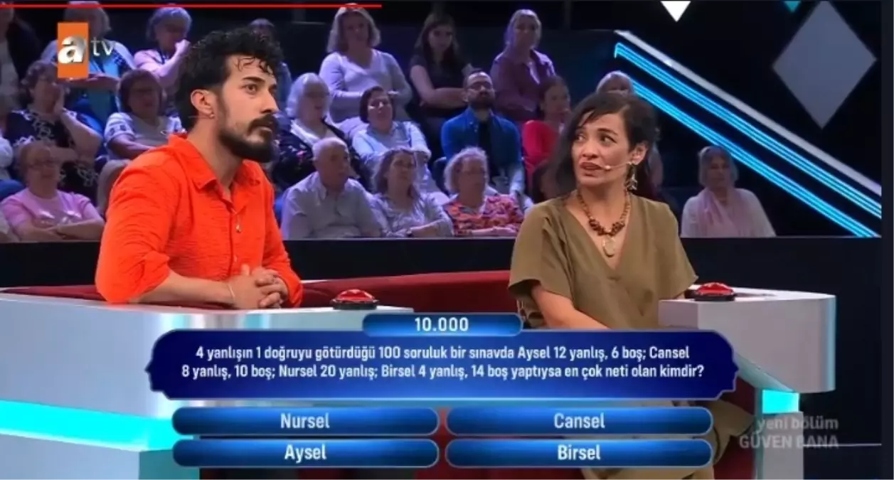 4 yanlışın 1 doğruyu götürdüğü 100 soruluk bir sınavda Aysel 12 yanlış 6 boş, Cansel 8 yanlış 10 boş, Nursel 20 yanlış, Birsel 4 yanlış, 14 boş,...