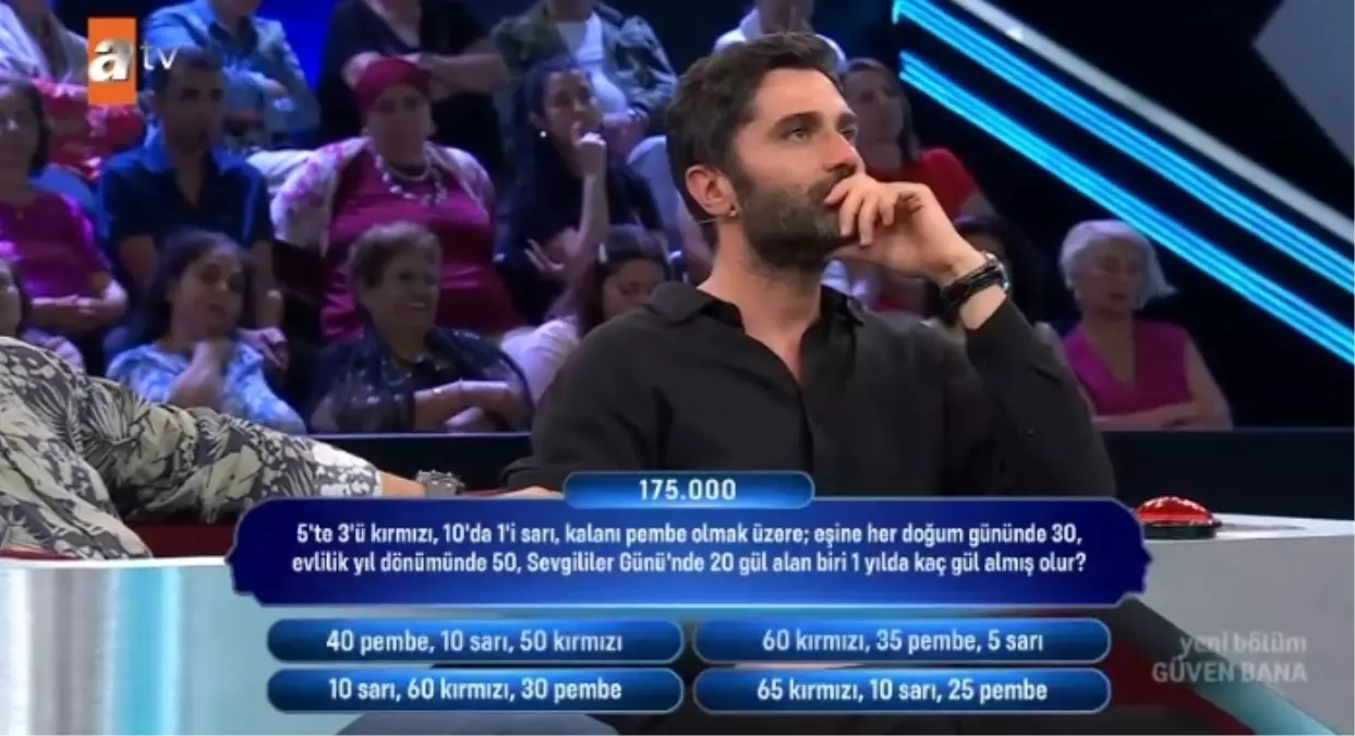 5'te 3'ü kırmızı, 10'da 1'i sarı, kalanı pembe olmak üzere eşine her doğum gününde 30, evlilik yıl dönümünde 50, Sevgililer Günü'nde 20 gül alan..