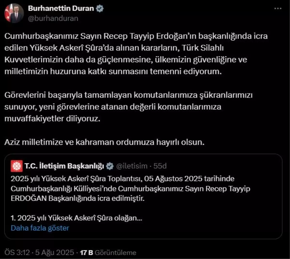 İLETİŞİM Başkanı Duran'dan YAŞ açıklaması
