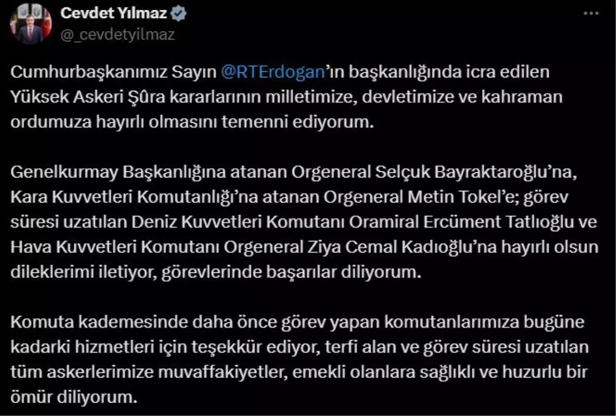 Cumhurbaşkanı Yardımcısı Yılmaz'dan YAŞ kararlarıyla ilgili açıklama