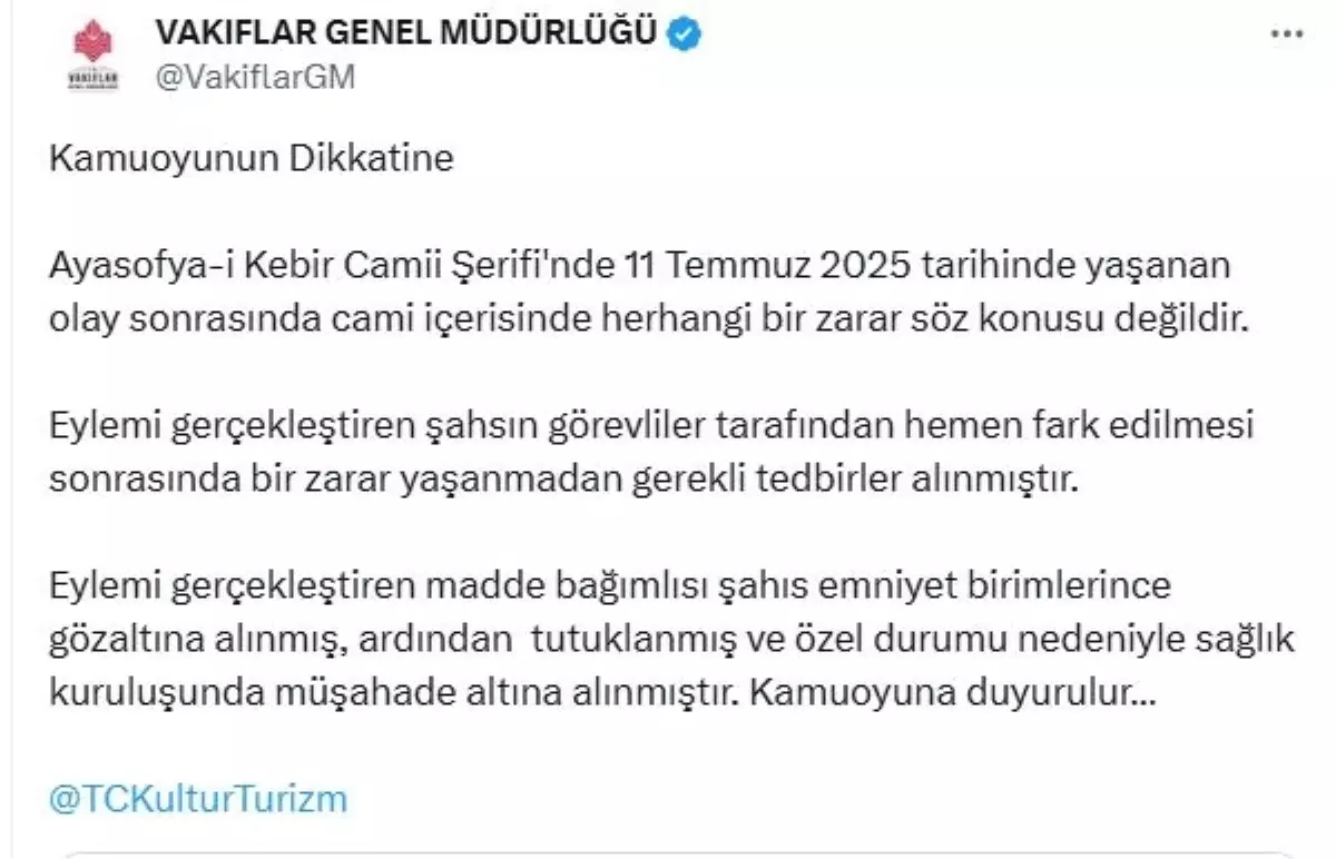 Ayasofya-i Kebir Camii'nde Kundaklama Girişimi Başarısız Oldu
