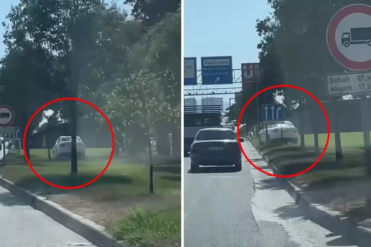 Yoğun trafiği atlatmak için çim alandan ilerledi